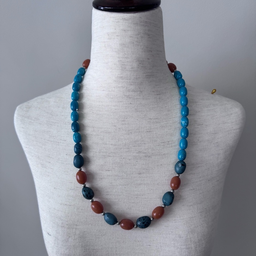 Turquoise and Amber Beaded Necklace - Fishhook Closure - Picture 3 of 6